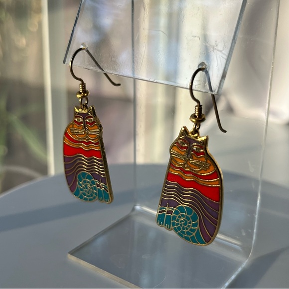 Vintage 80s signed Laurel Birch "Rainbow Cats" french hook earrings - Picture 3 of 10
